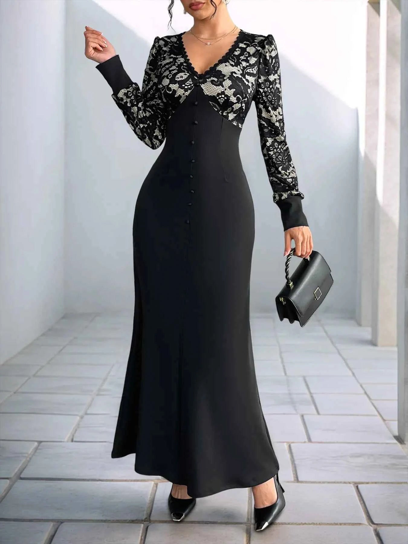 Lace V-Neck Long Sleeve Maxi Dress.