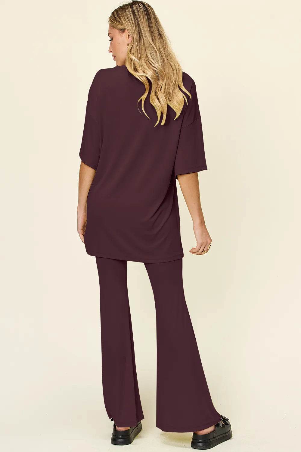 Double Take T-Shirt and Pants Set: Full Size Round Neck Drop Shoulder Style with Flare Pants - EBYNN