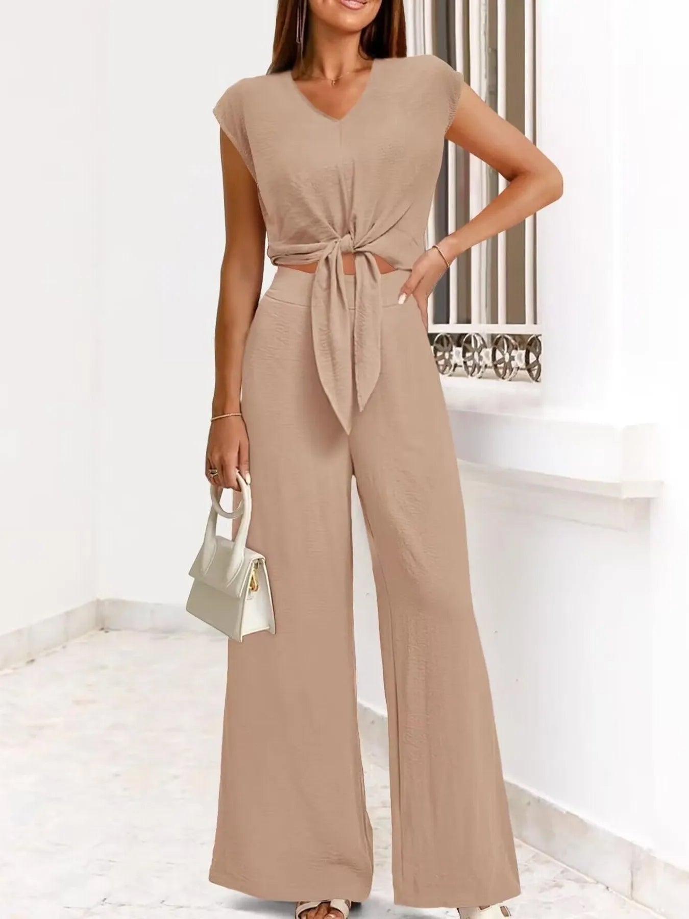 Tie Front Top & Wide Leg Pants Set.