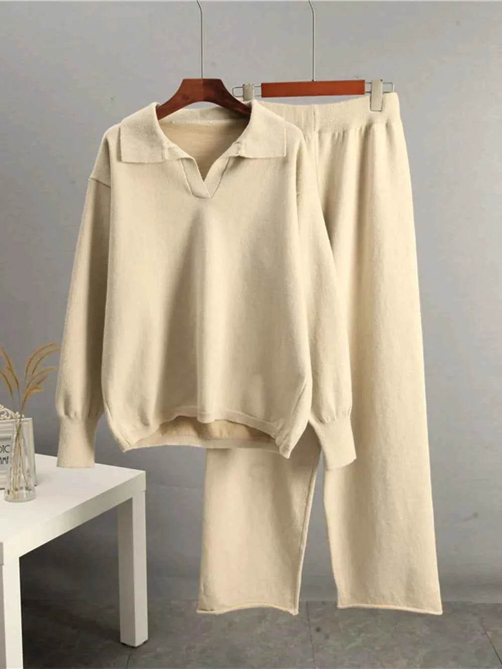 Johnny Collar Long Sleeve Top and Pants Sweater Set - EBYNN