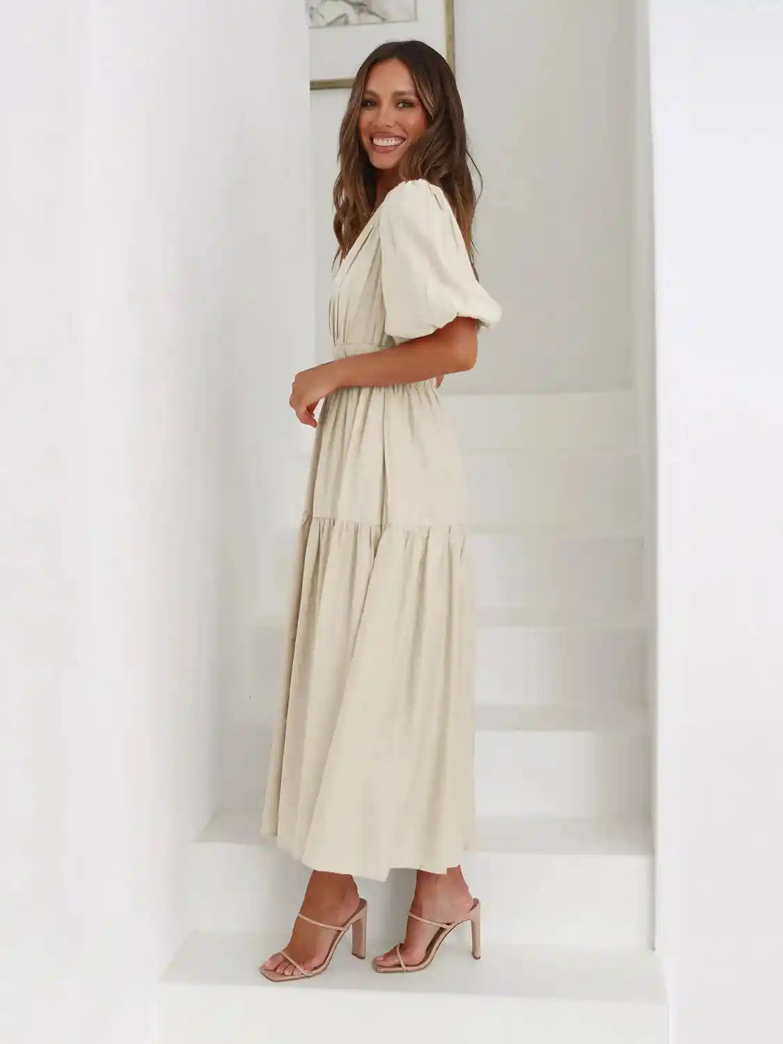 Tiered Surplice Half Sleeve Midi Dress.