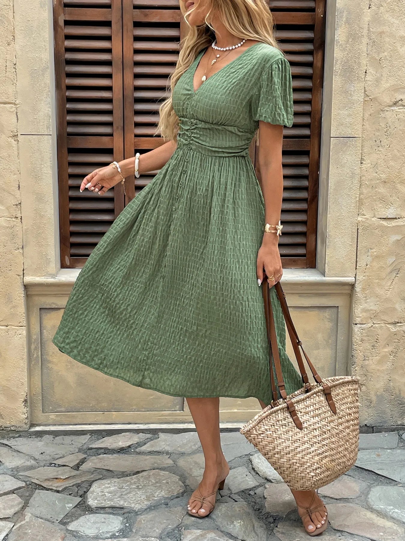 Textured V-Neck Dress: Effortless Style with Short Sleeves - EBYNN
