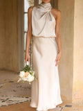 Asymmetrical Ruched Sleeveless Midi Dress.