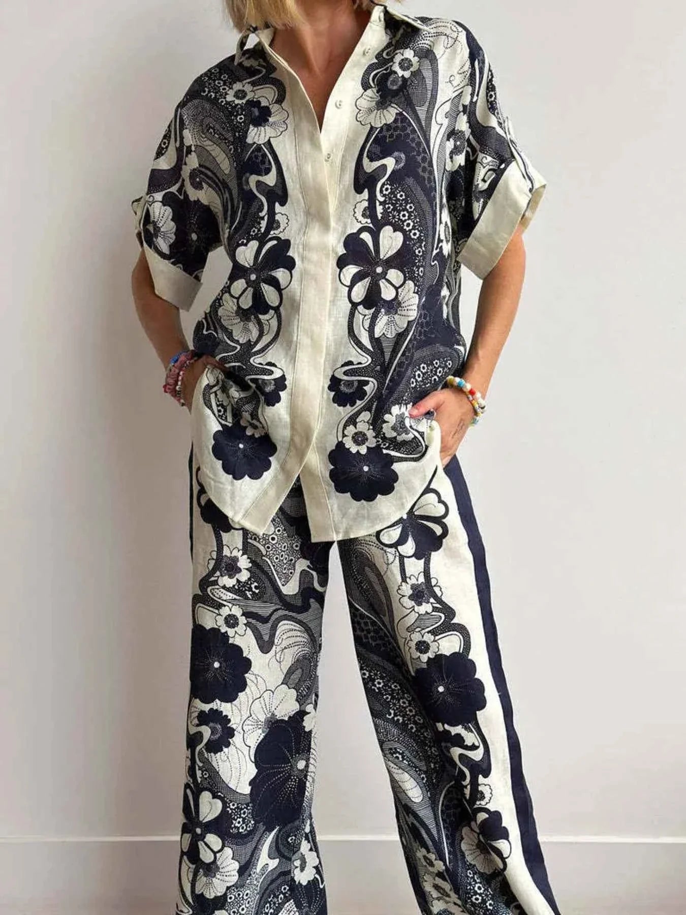 Printed Button Up Shirt and Pants Set.