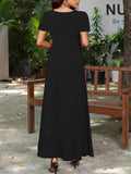 Plus Size A-Line Maxi Dress with Round Neck and Short Sleeves.
