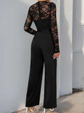 Perfee Lace Round Neck Long Sleeve Jumpsuit.
