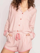 Striped Collared Neck Long Sleeve Top and Shorts Lounge Set.