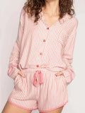 Striped Collared Neck Long Sleeve Top and Shorts Lounge Set.