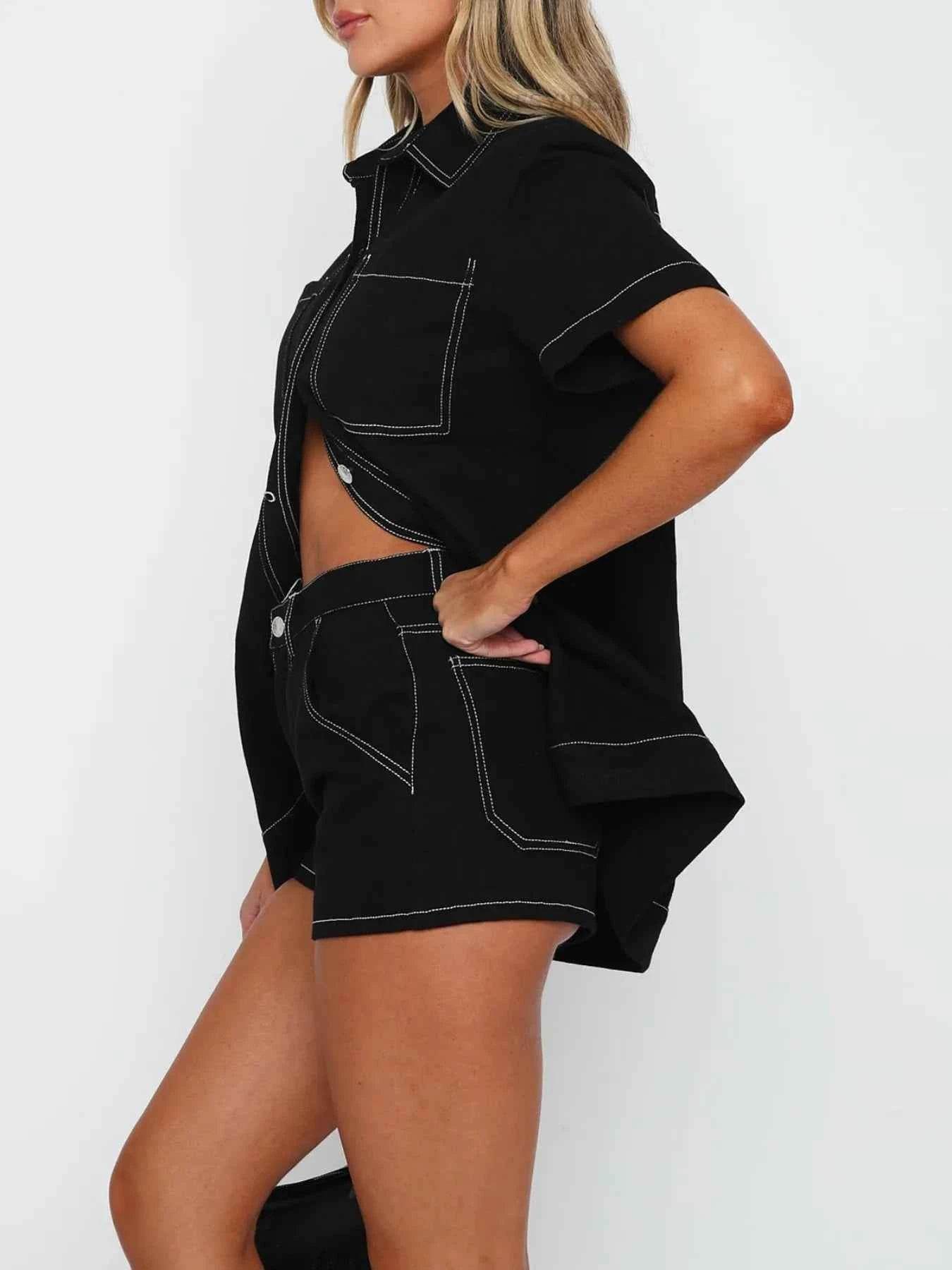 Button Up Denim Set: Short Sleeve Top and Shorts for Effortless Style - EBYNN