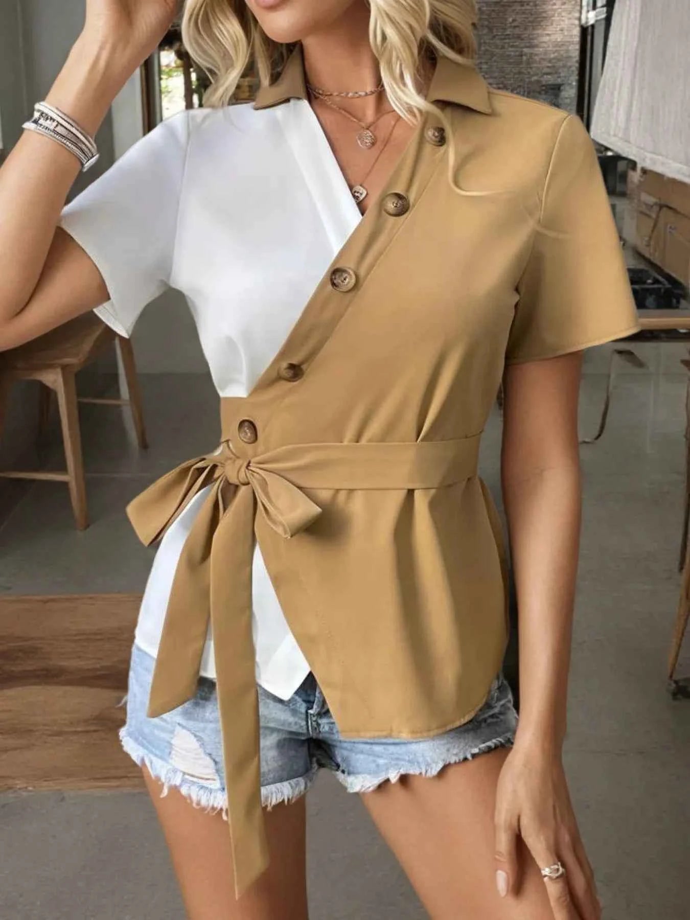 Two-Tone Short Sleeve Blouse with Tie Waist.