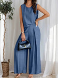 Ruched Round Neck Sleeveless Top and Wide Leg Pants Set - EBYNN