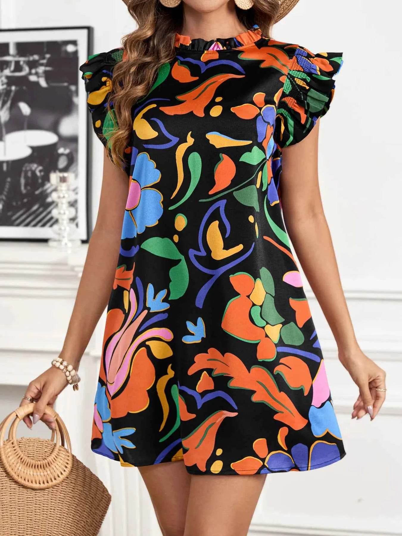 Printed Ruffle Sleeve Mini Dress.
