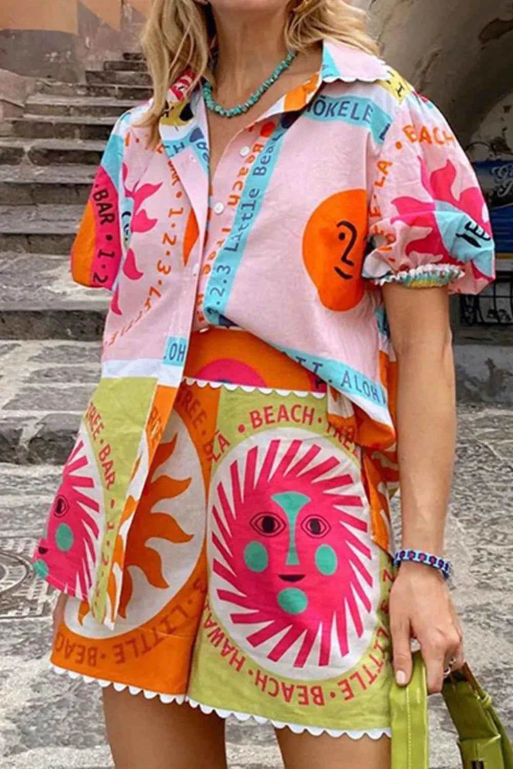 Printed Button Down Shirt and Shorts Set - EBYNN