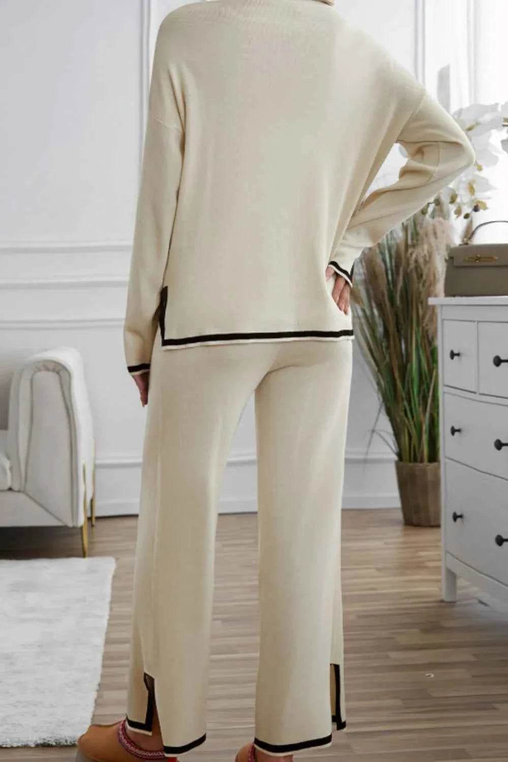Contrast Trim Round Neck Top & Pants Sweater Set.