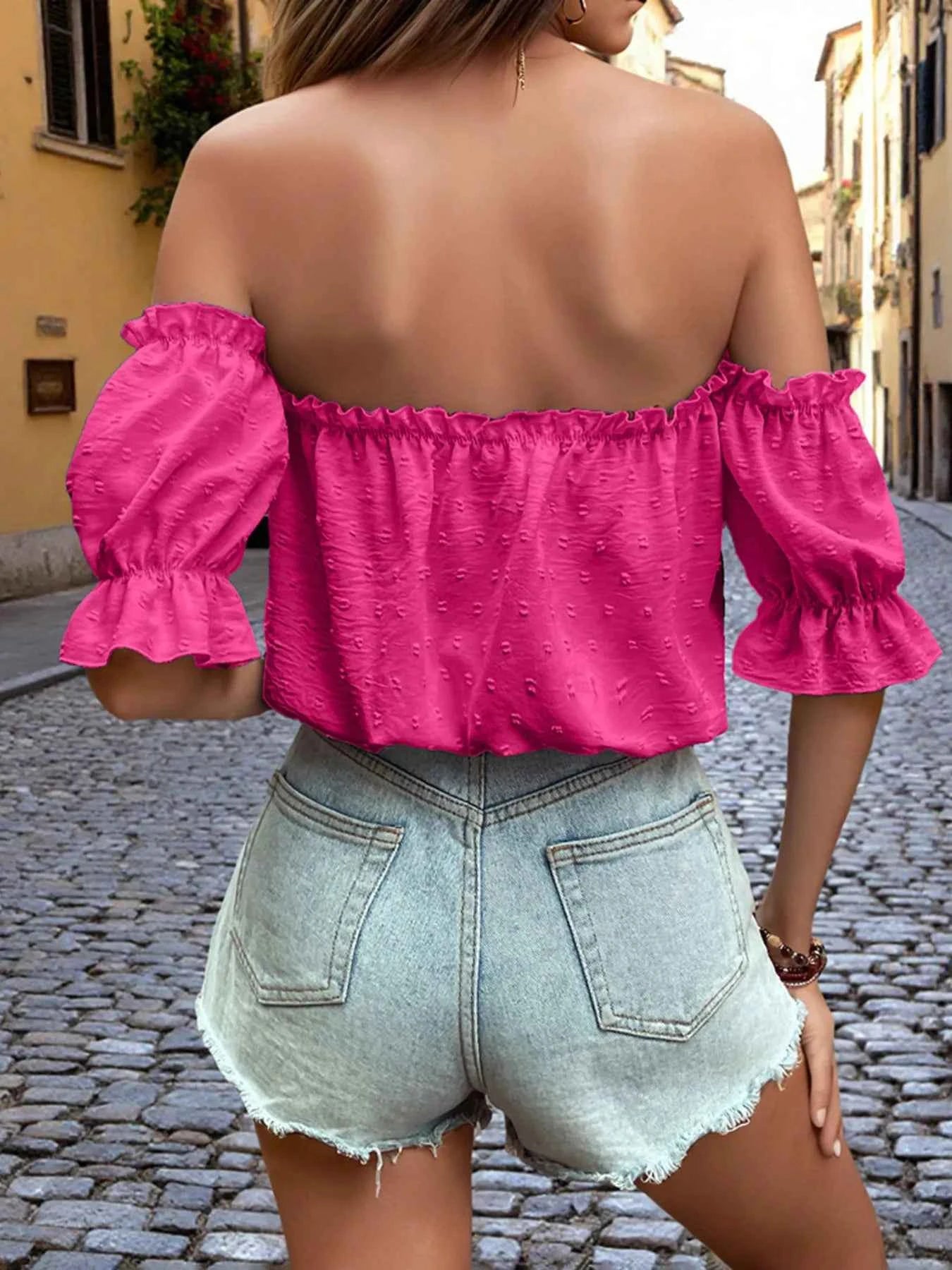 Off-Shoulder Swiss Dot Blouse with Tie Front.