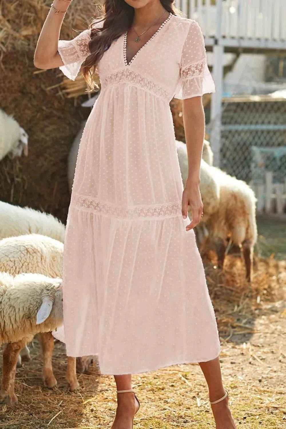 Polka Dot V-Neck Ruffle Midi Dress.