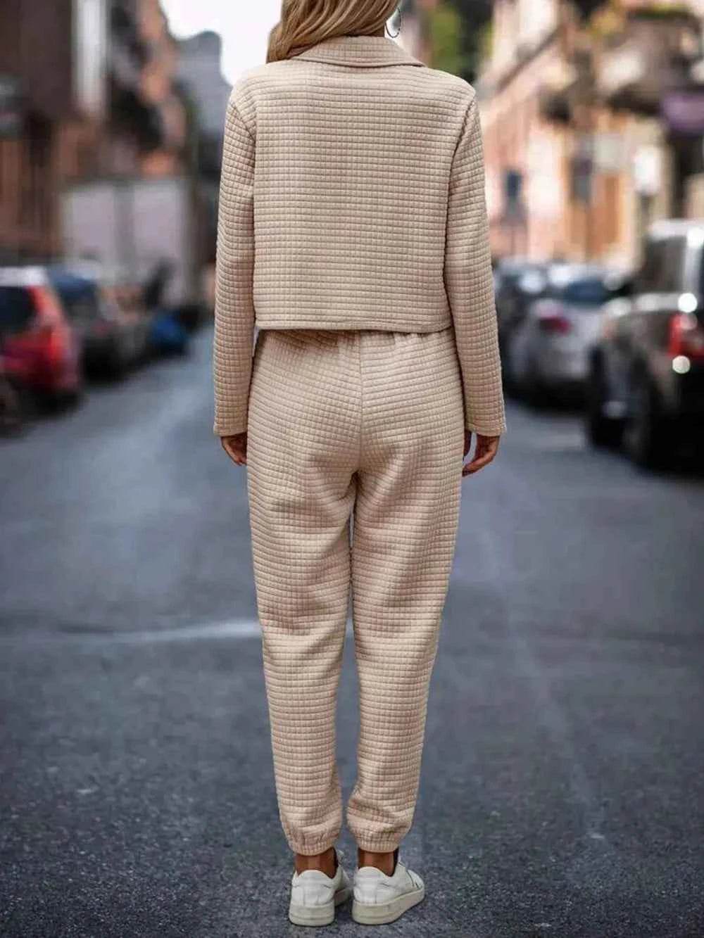 Plaid Texture Snap Down Top and Pants Set.