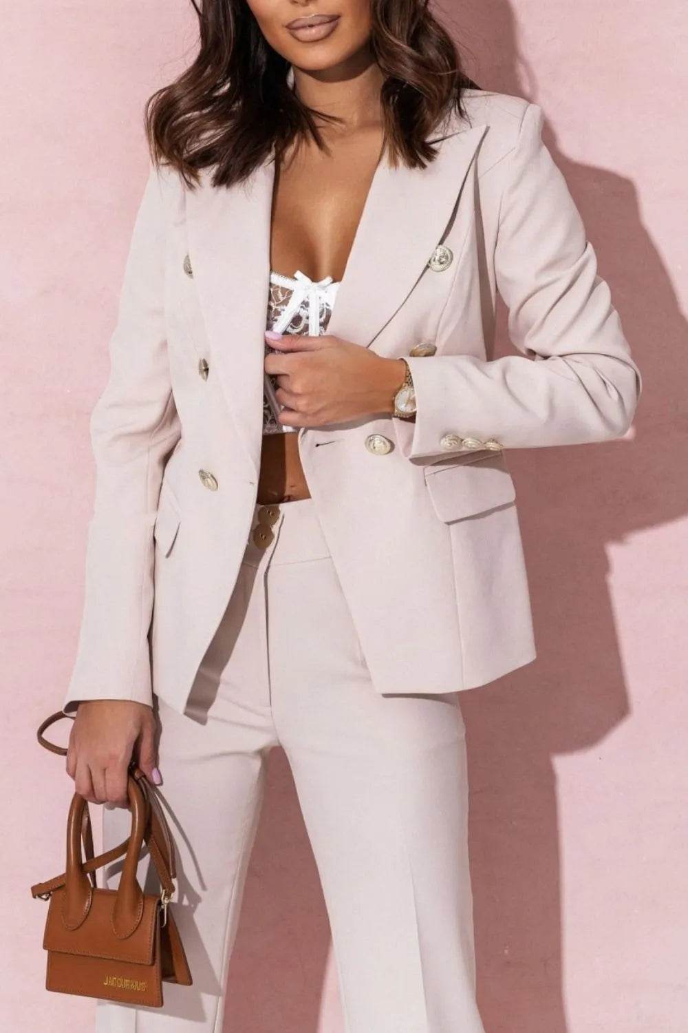 Plus Size Full Size Lapel Collar Blazer and Pants Set - EBYNN