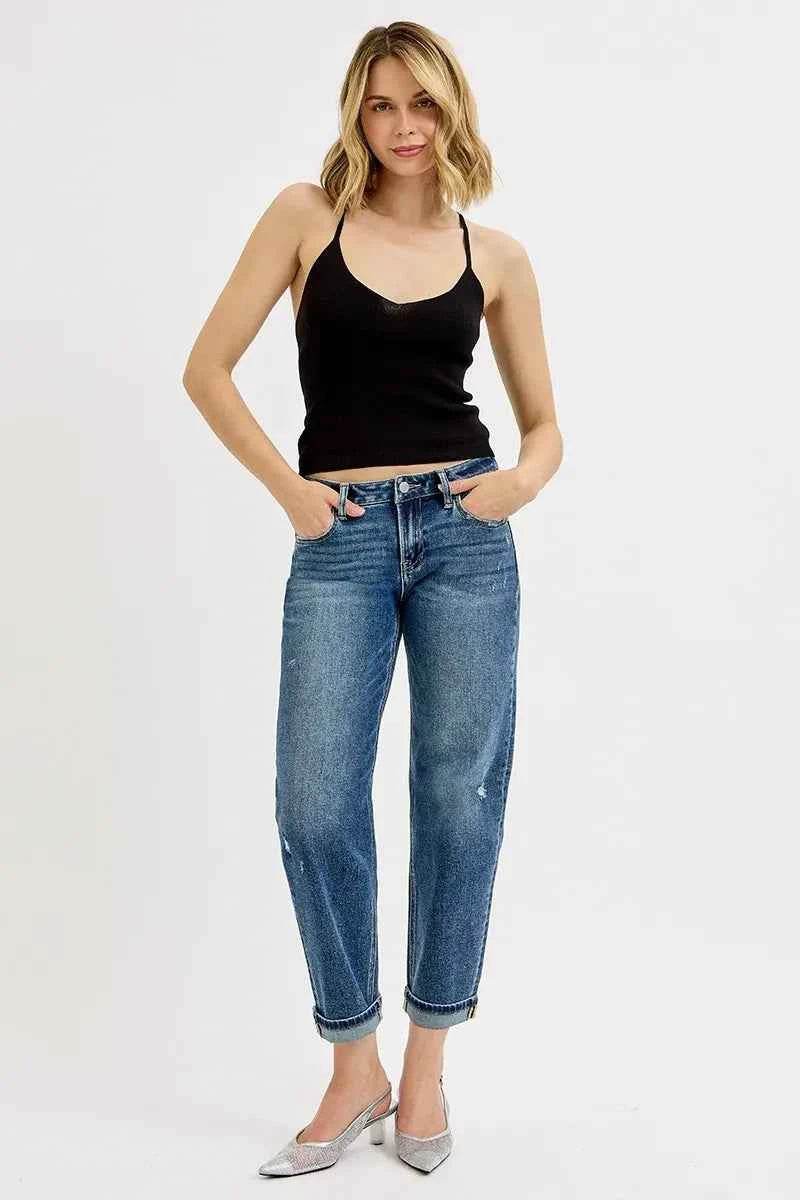 RISEN Plus Size Low Rise Crop Boyfriend Jeans.