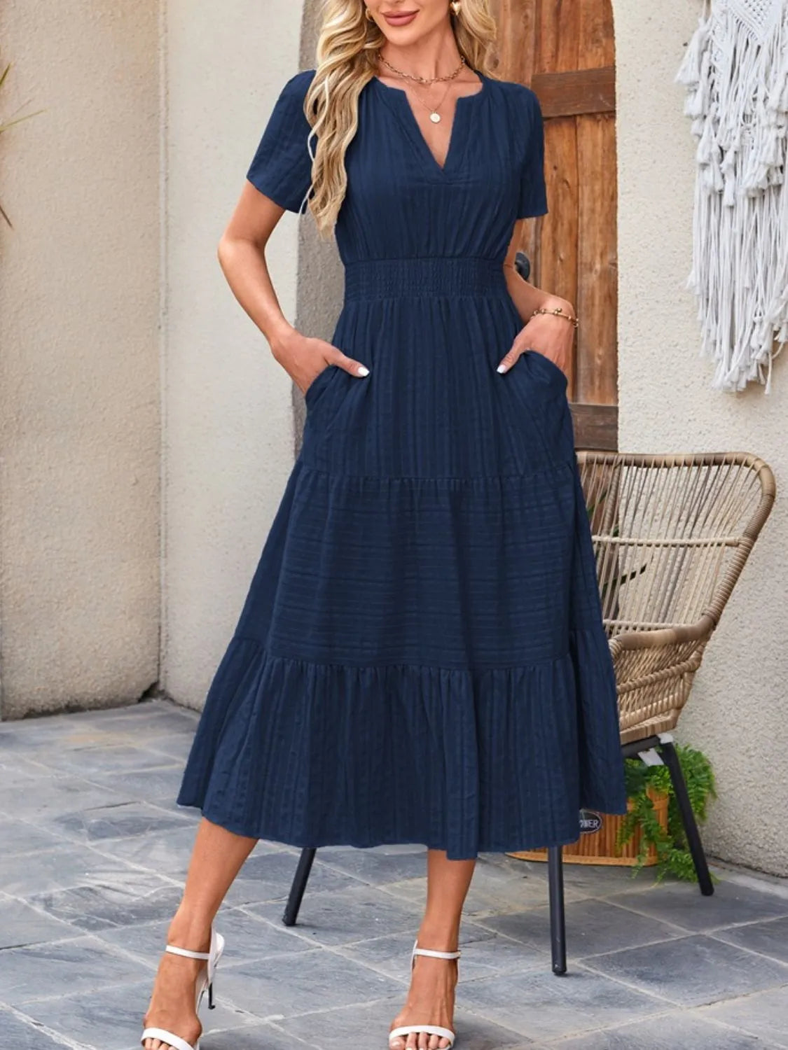 Tiered Notched Short Sleeve Dress.