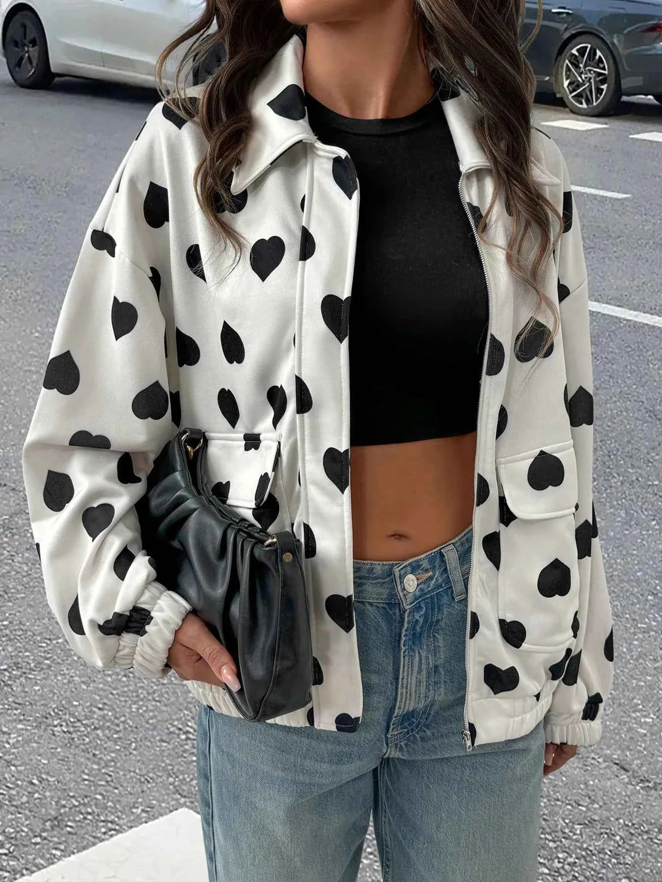 Heart Print Zip Up Jacket.