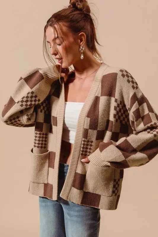 SO ME Checkered Open Front Cardigan with Pockets.
