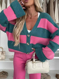 Color Block Striped V-Neck Button Front Cardigan.