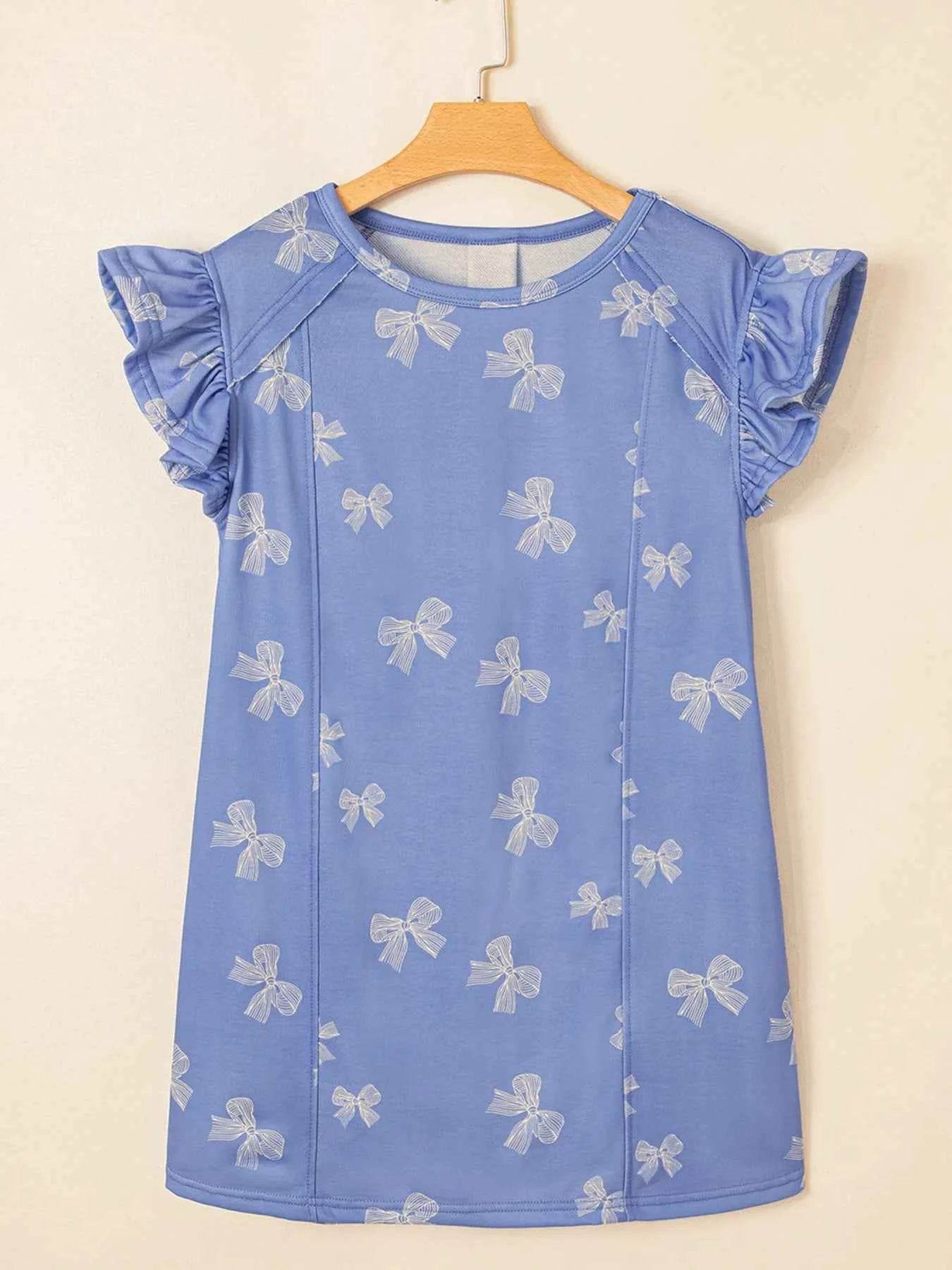 Bow Knot Print Ruffled Sleeve Crewneck Mini Dress.