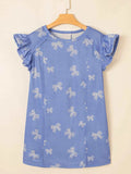 Bow Knot Print Ruffled Sleeve Crewneck Mini Dress.