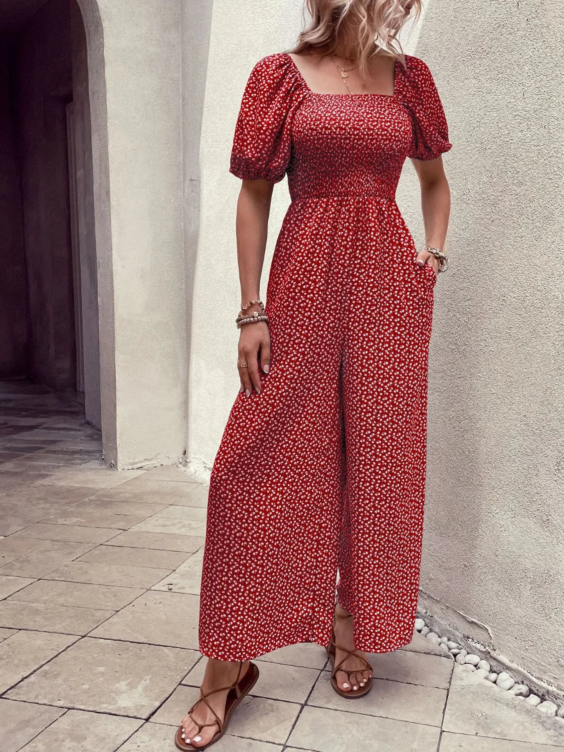 Printed Square Neck Puff Sleeve Jumpsuit.