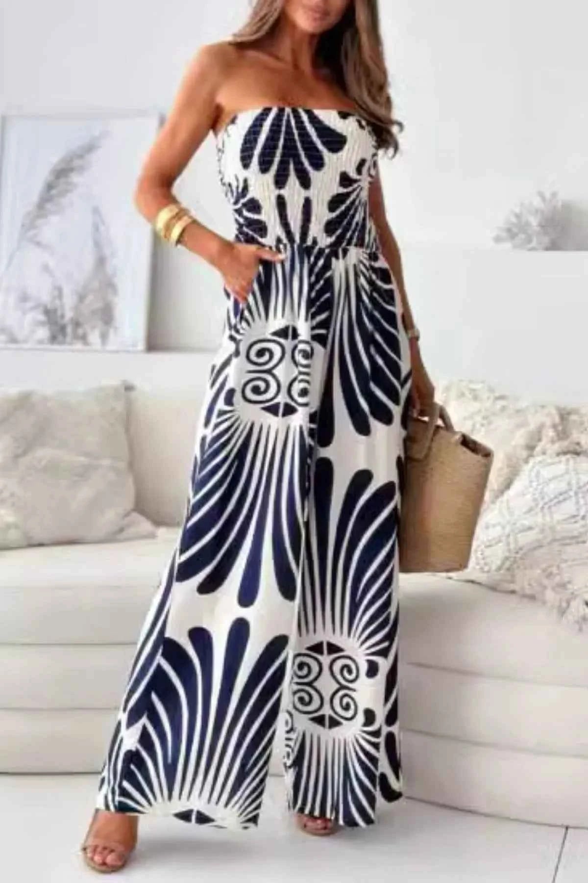 Printed Smocked Tube Wide Leg Jumpsuit.