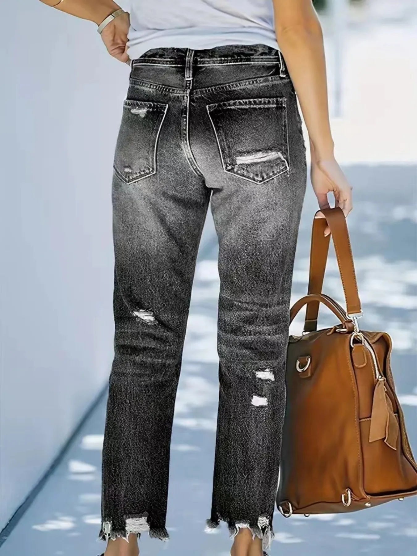 Distressed Straight Leg Jeans.