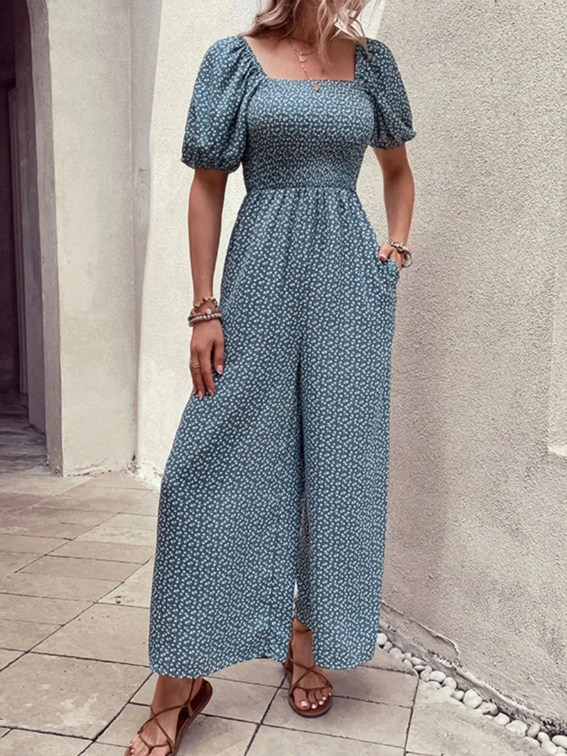 Printed Square Neck Puff Sleeve Jumpsuit.