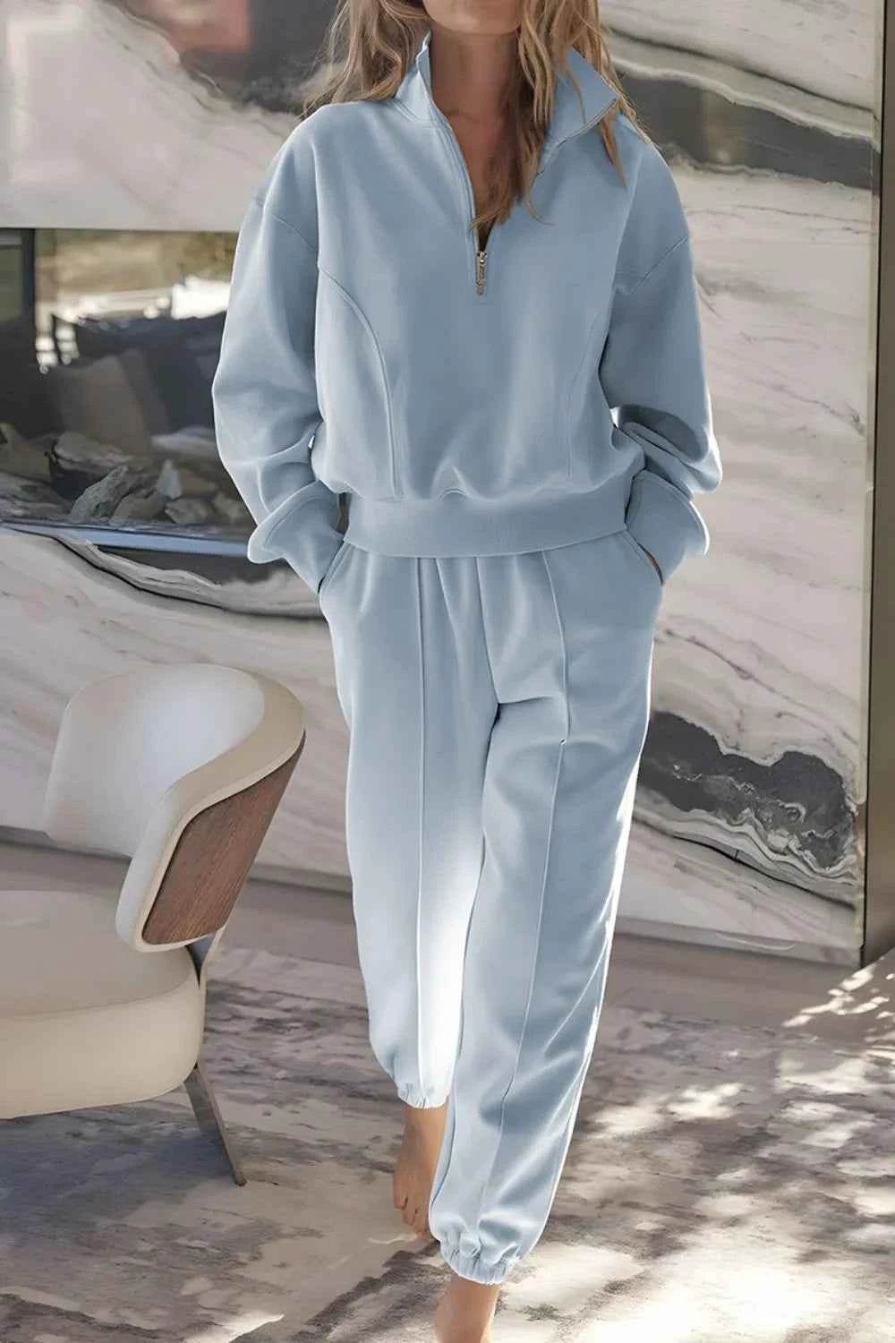 Half Zip Long Sleeve Top and Joggers Set - EBYNN