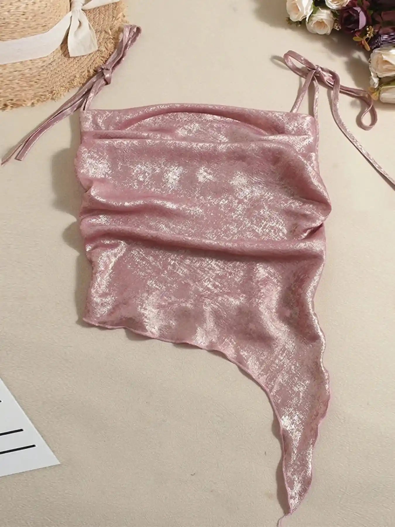 Tie Shoulder Cami Top with Ruched Detail.