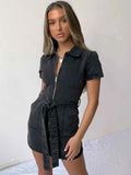 Plus Size Zip Front Short Sleeve Denim Dress.
