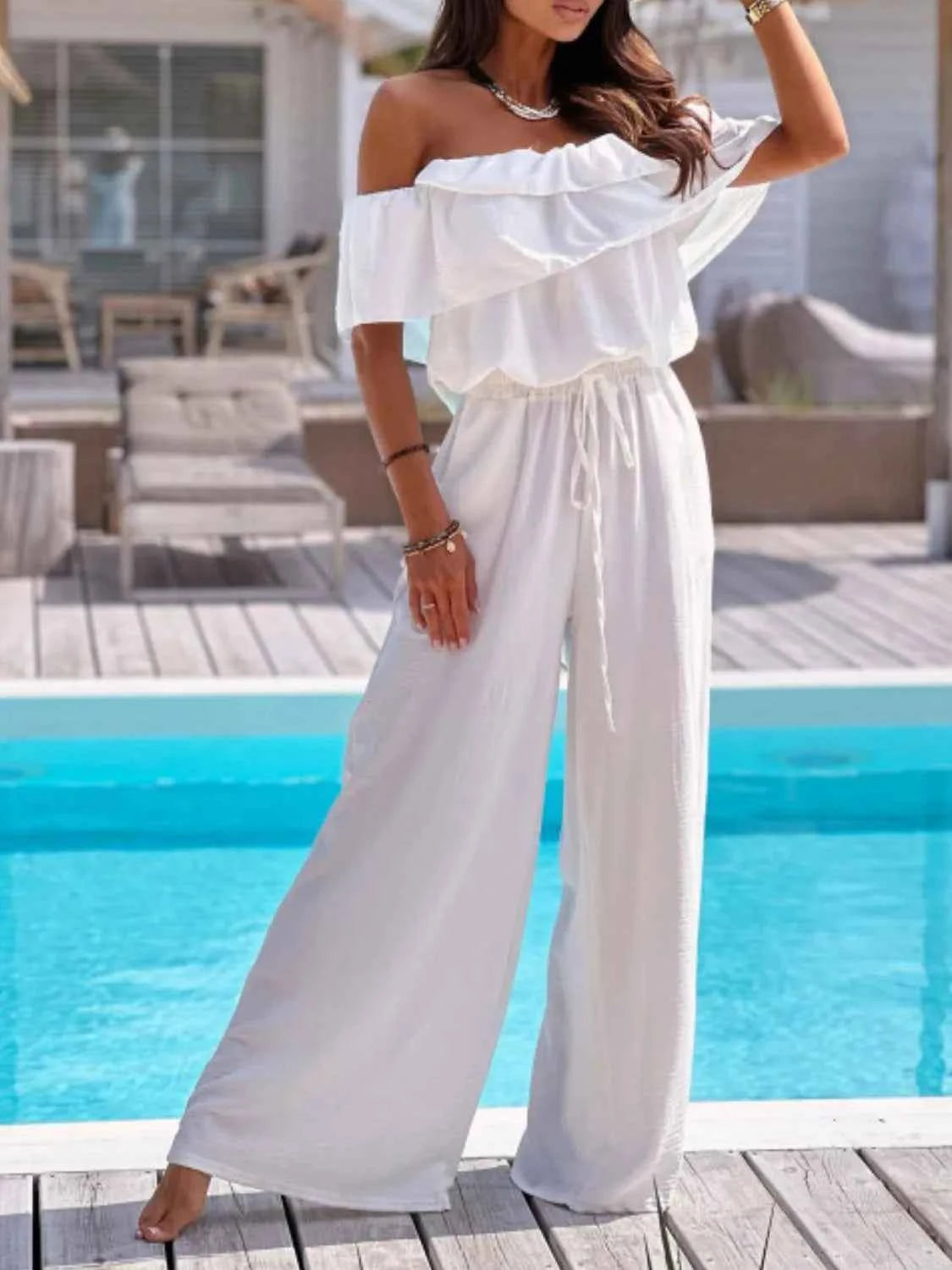 Off-Shoulder Ruffled Wide Leg Jumpsuit.