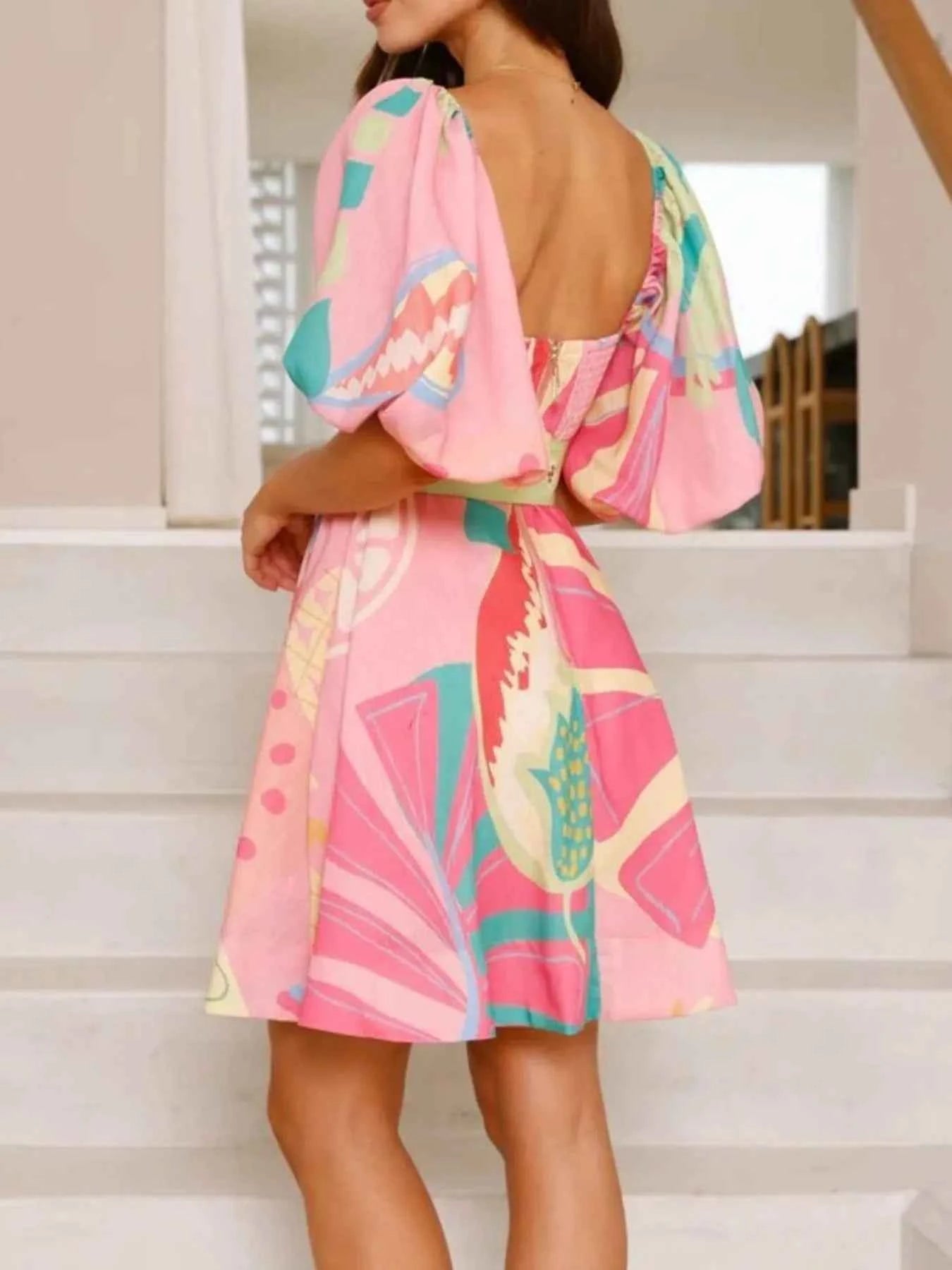 Colorful Print Belted Mini Dress with Puff Sleeves.