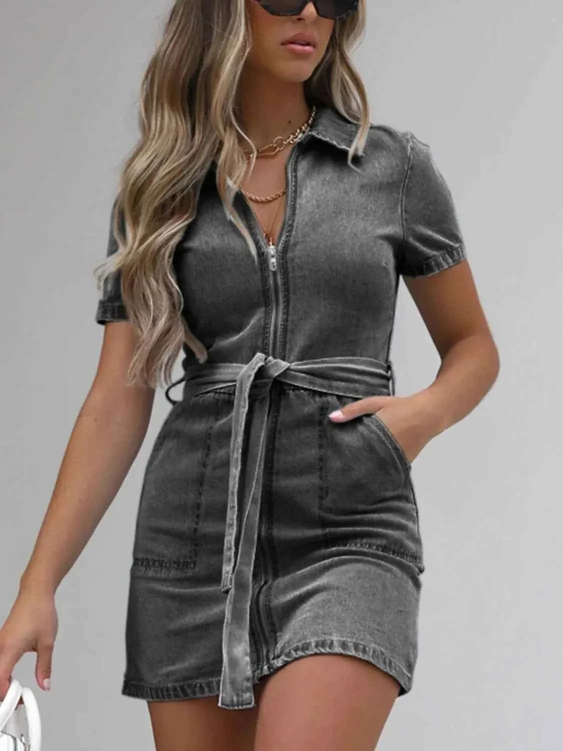 Plus Size Zip Front Short Sleeve Denim Dress.