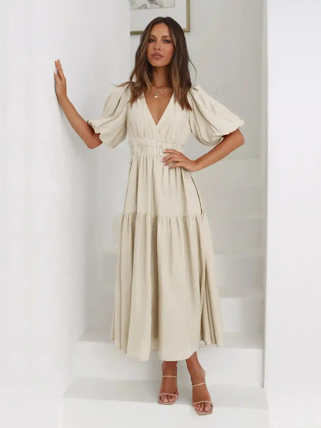 Tiered Surplice Half Sleeve Midi Dress.