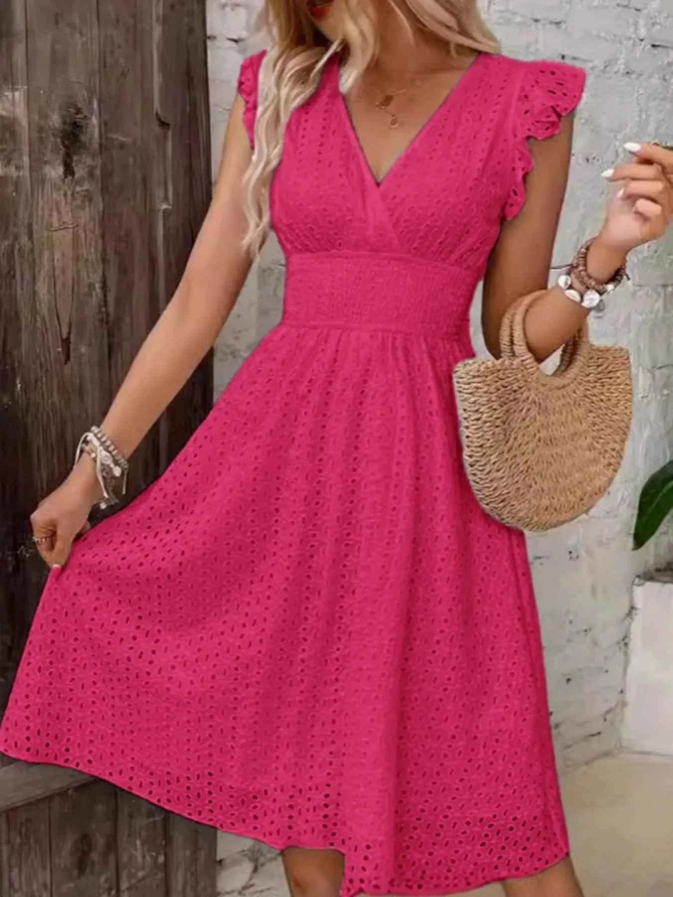 Eyelet Ruffled Cap Sleeve Mini Dress.