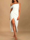Split Asymmetrical Neck Midi Dress.