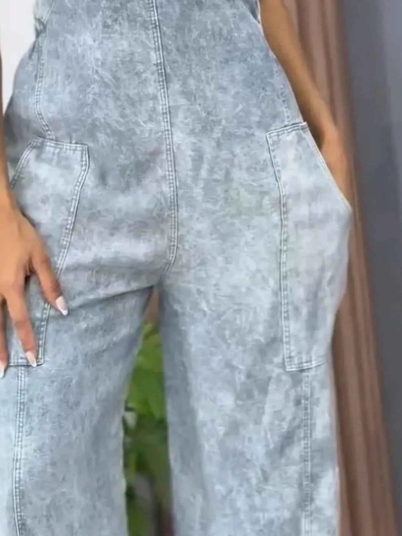 Plus Size Wide Leg Washed Denim Overalls.