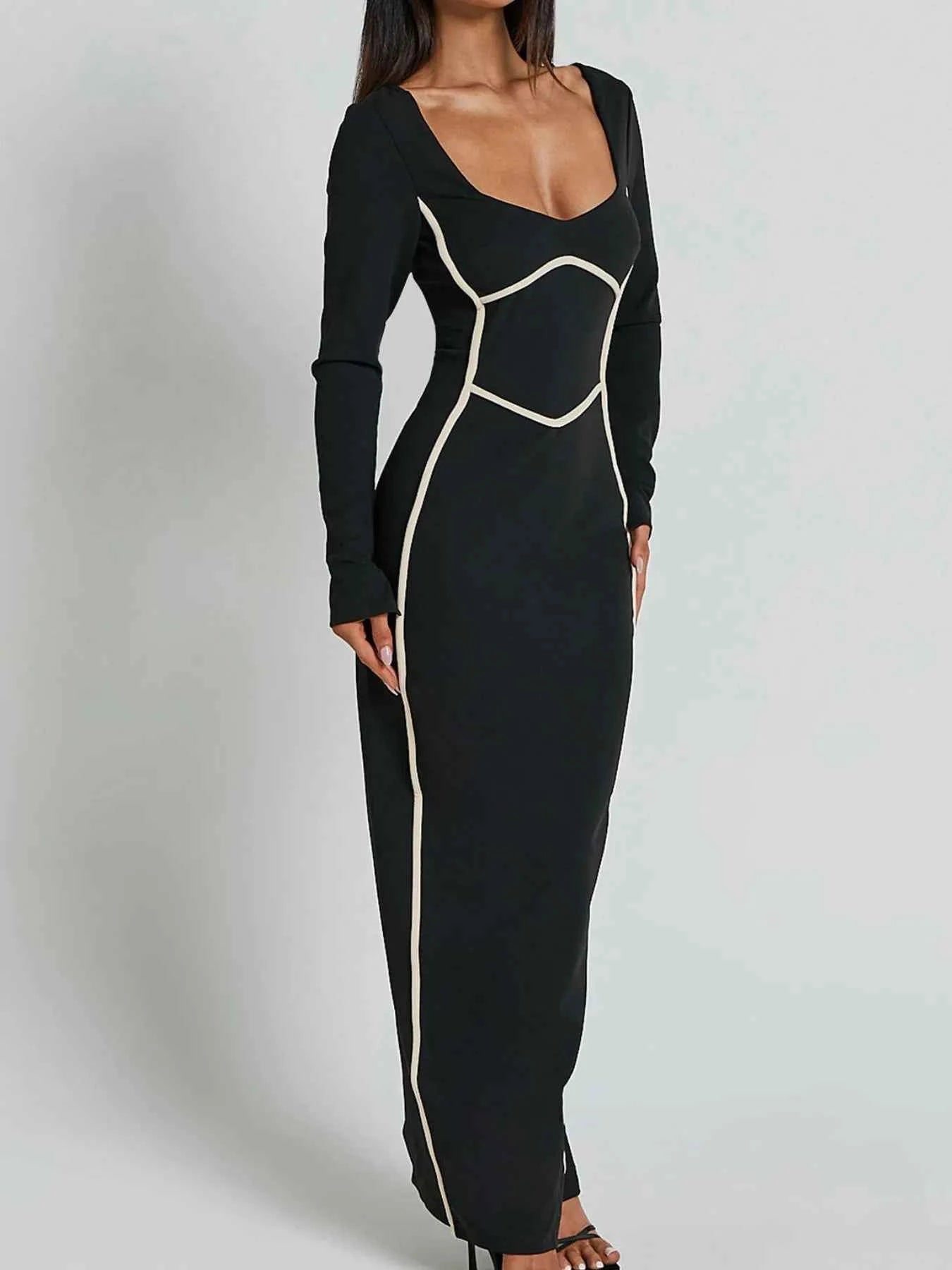 Contrast Trim Long Sleeve Bodycon Maxi Dress.