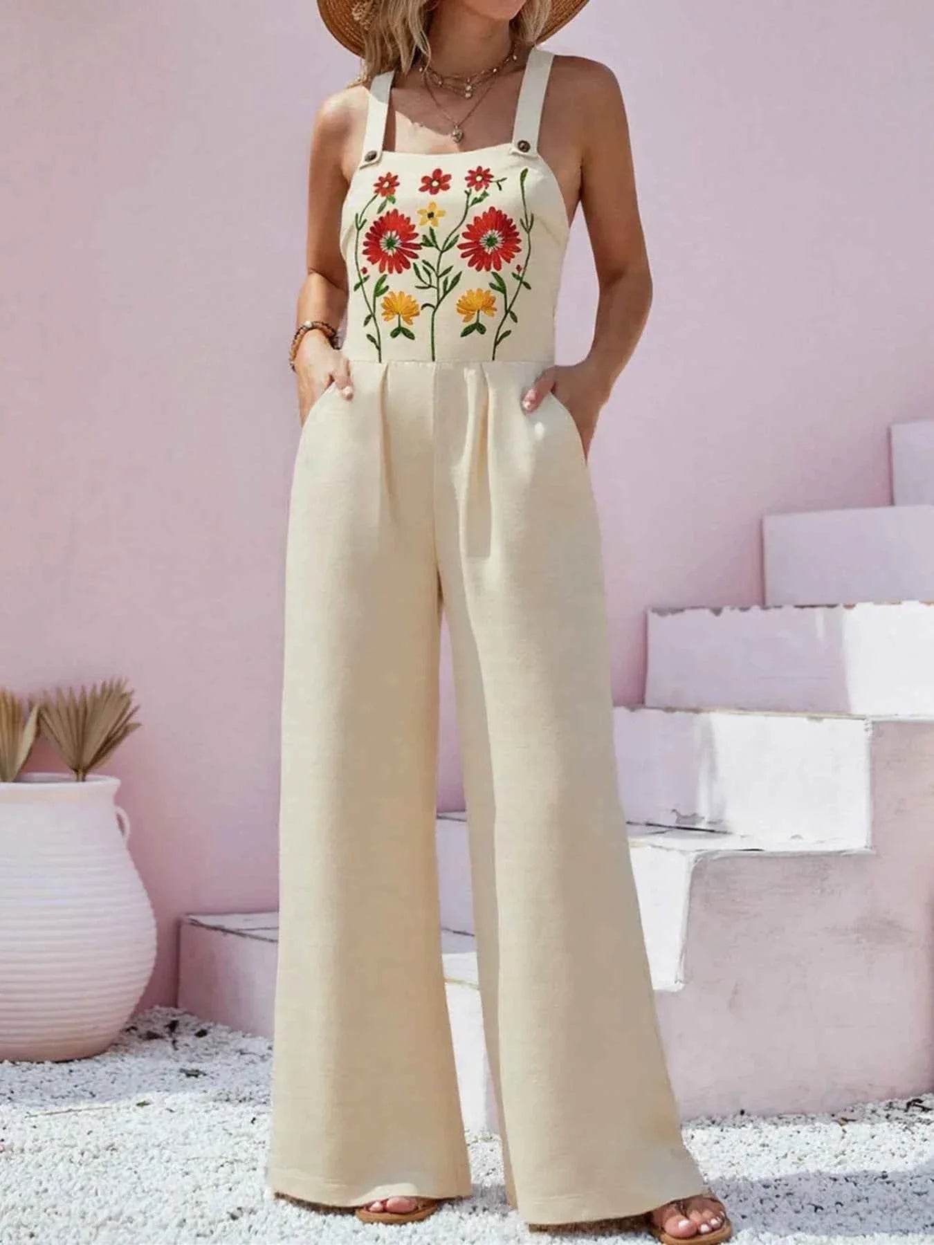Floral Embroidered Wide Leg Jumpsuit.