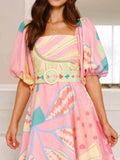 Colorful Print Belted Mini Dress with Puff Sleeves.