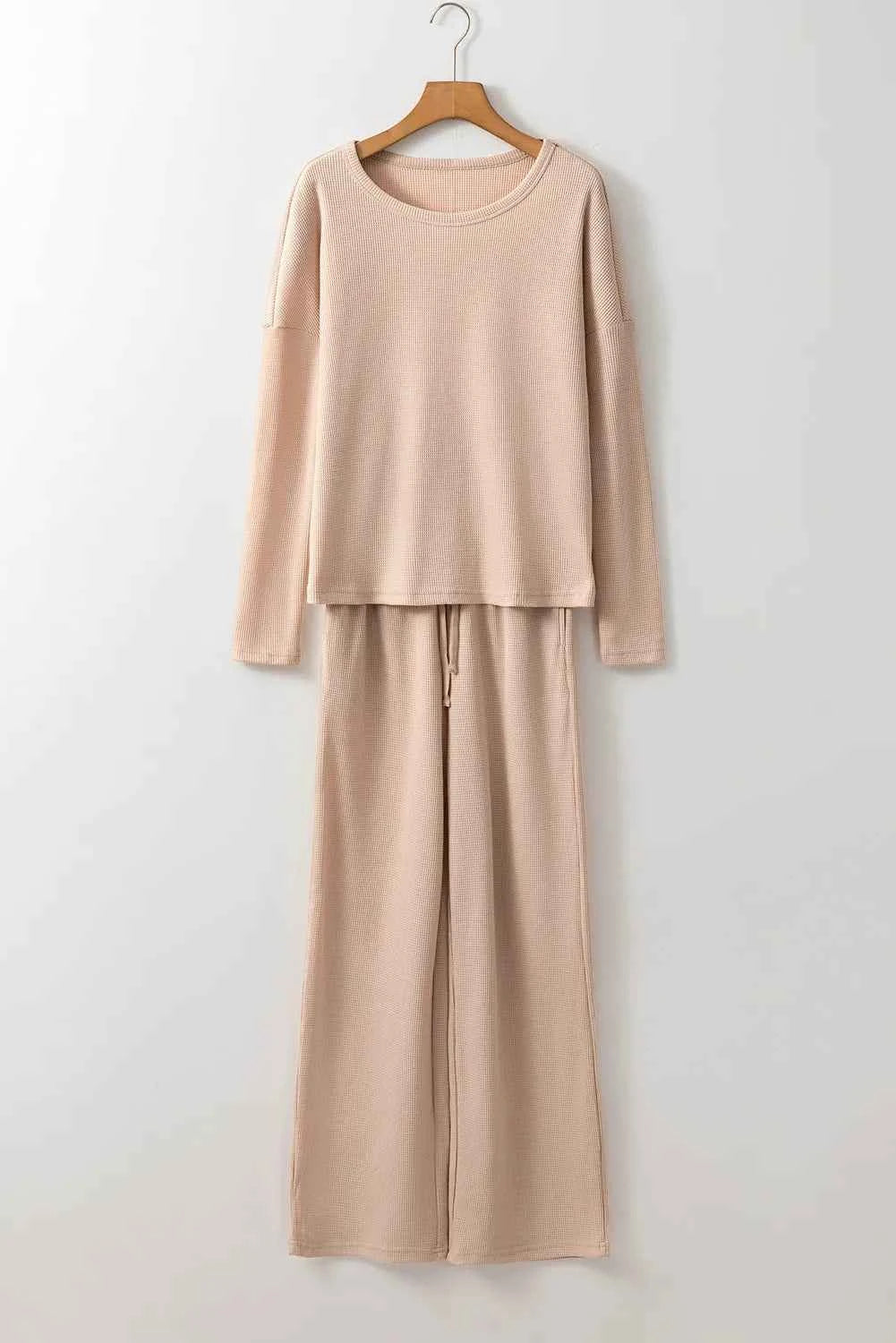 Round Neck Long Sleeve Top and Drawstring Pants Lounge Set.