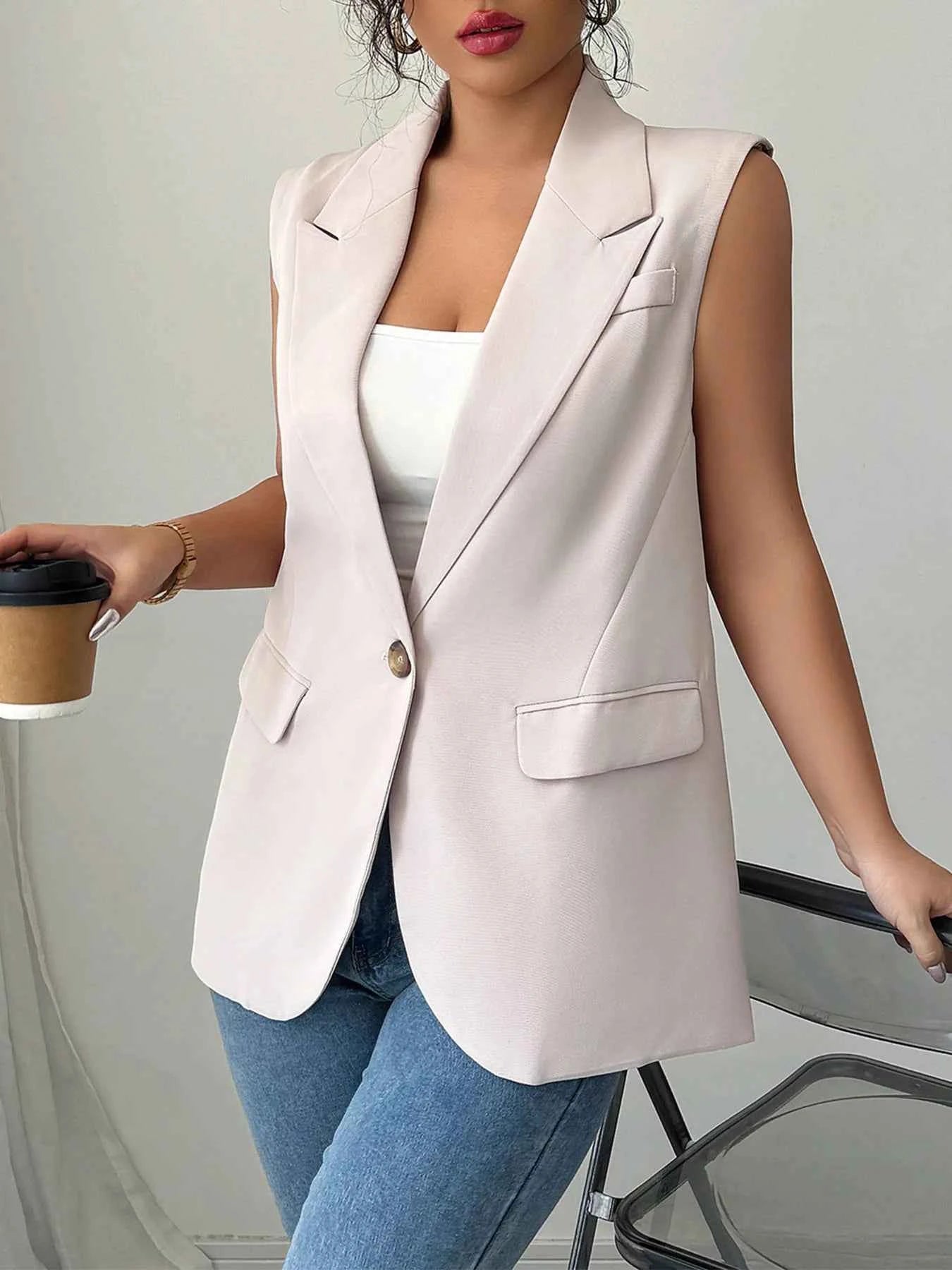 One Button V-Neck Blazer Vest Coat.