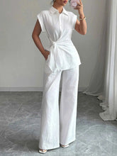 Collared Neck Cap Sleeve Two-Piece Top and Pants Set.