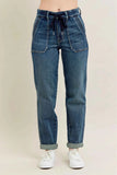 Judy Blue High-Waisted Vintage Wash Jeans with Drawstring Plus Size.